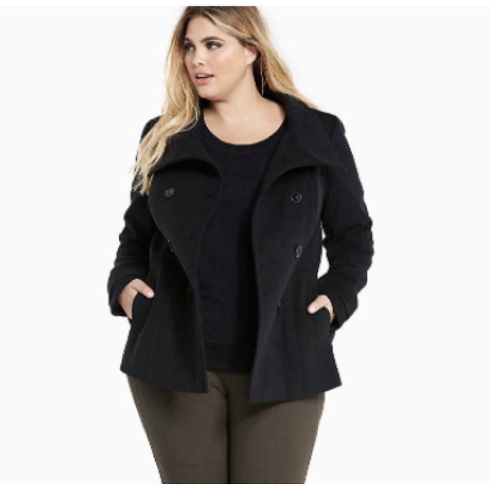 Torrid Black Double Breasted Wool Blend Lined Pea Coat With Belt Size 1X